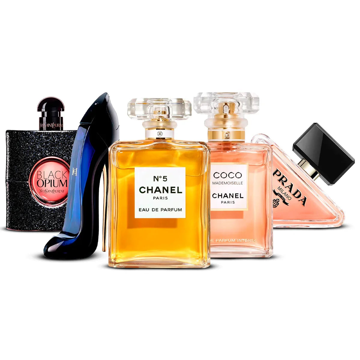 Combo de 5 perfumes: Black Opium, Good Girl, Chanel N°5, Coco Mademoiselle, Paradoxe 100ml