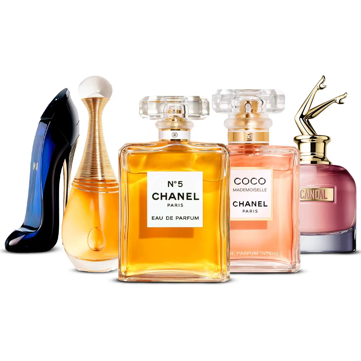 Combo de 5 perfumes: Good Girl, J'adore, Chanel N°5, Coco Mademoiselle, Scandal 100ml