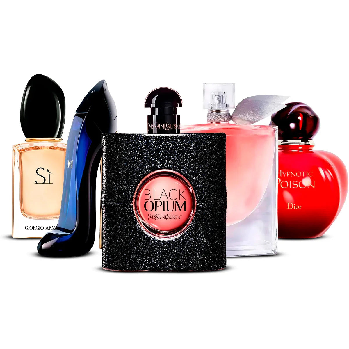 Combo de 5 perfumes: Giorgio Armani Sì, Good Girl, Black Opium, La Vie Est Belle, Hypnotic Poison 100ml