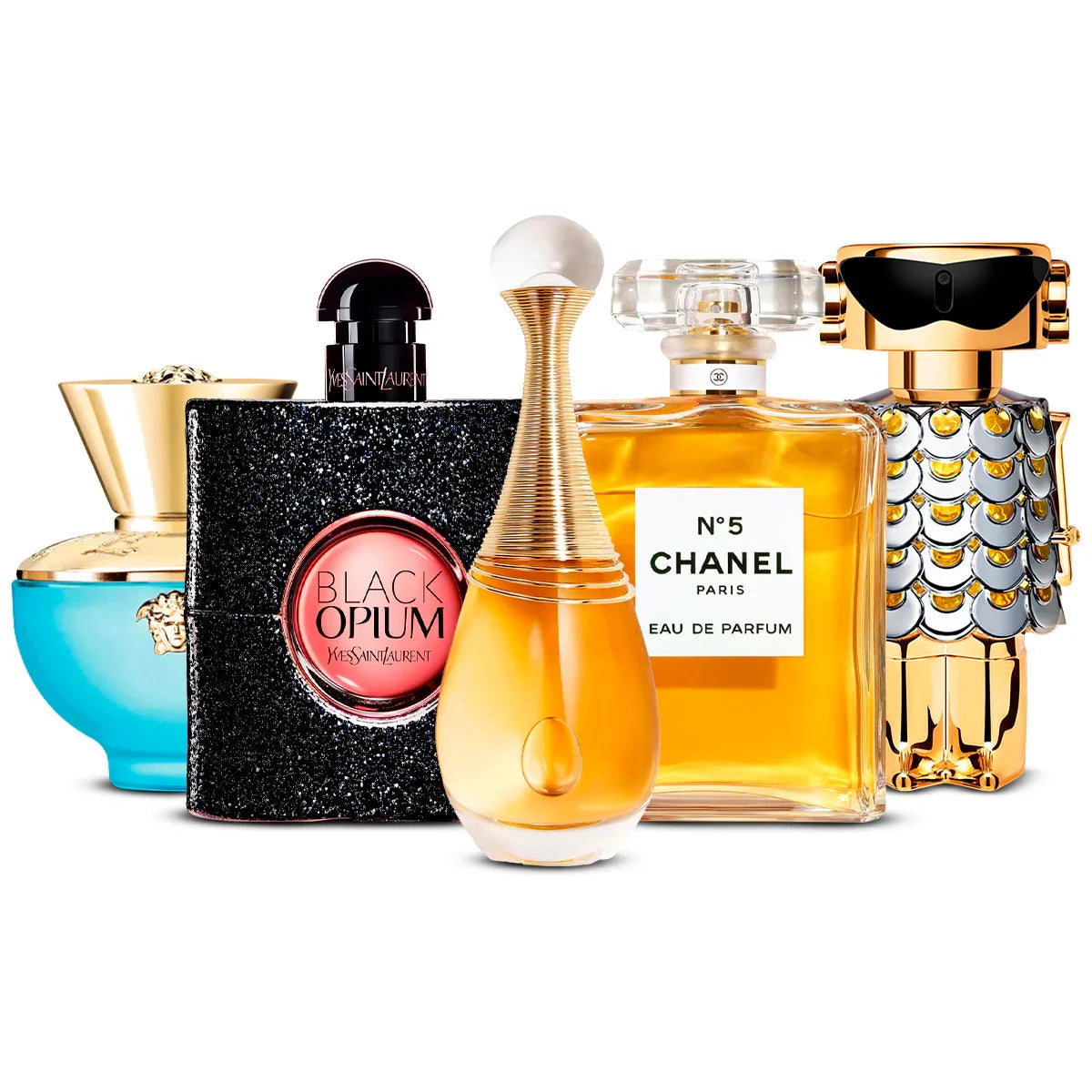 Combo de 5 perfumes: Versace Dylan Turquoise, Black Opium, J'adore, Chanel N°5, Fame 100ml