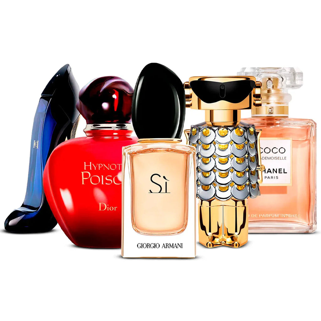Combo de 5 perfumes: Good Girl, Hypnotic Poison, Giorgio Armani Sì + Fame, Coco Mademoiselle 100ml