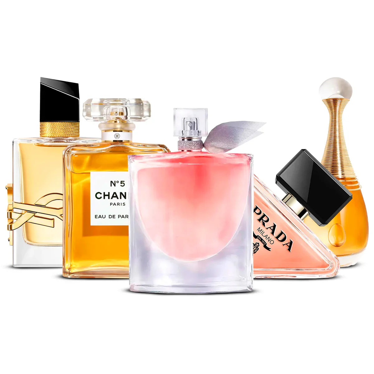Combo de 5 perfumes: Yve Saint Laurent Libre, Chanel N°5, Lancôme La Vie Est Belle, Prada Paradoxe, Dior J'adore 100ml
